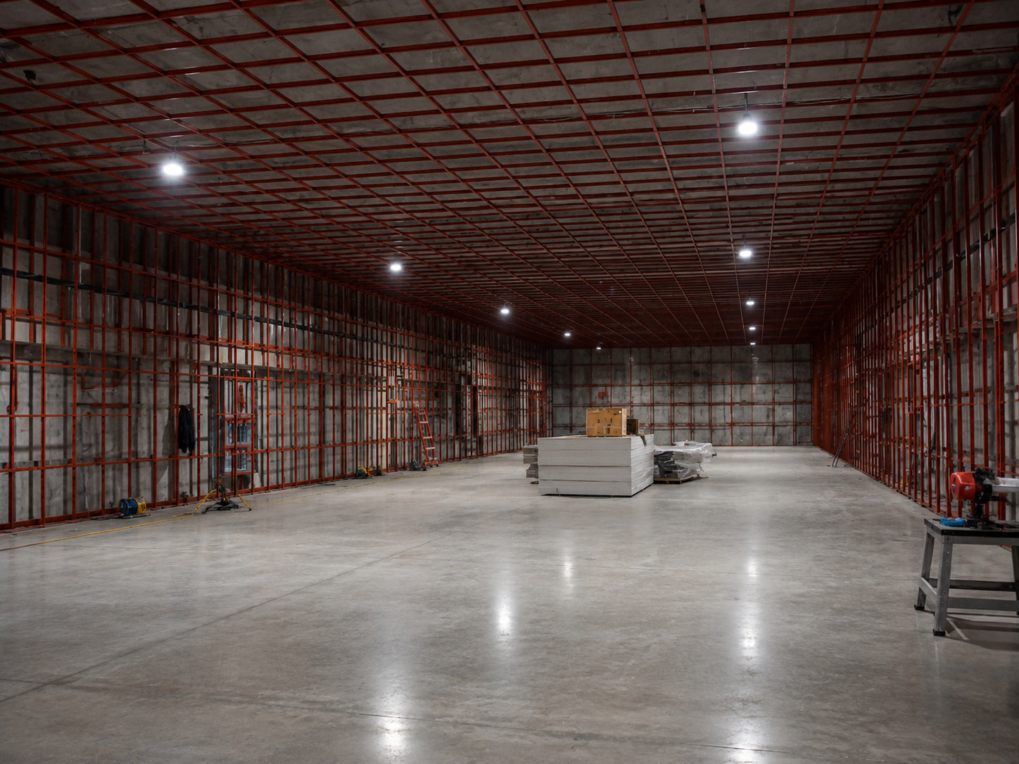 Steel wall and ceiling framework during shooting range construction