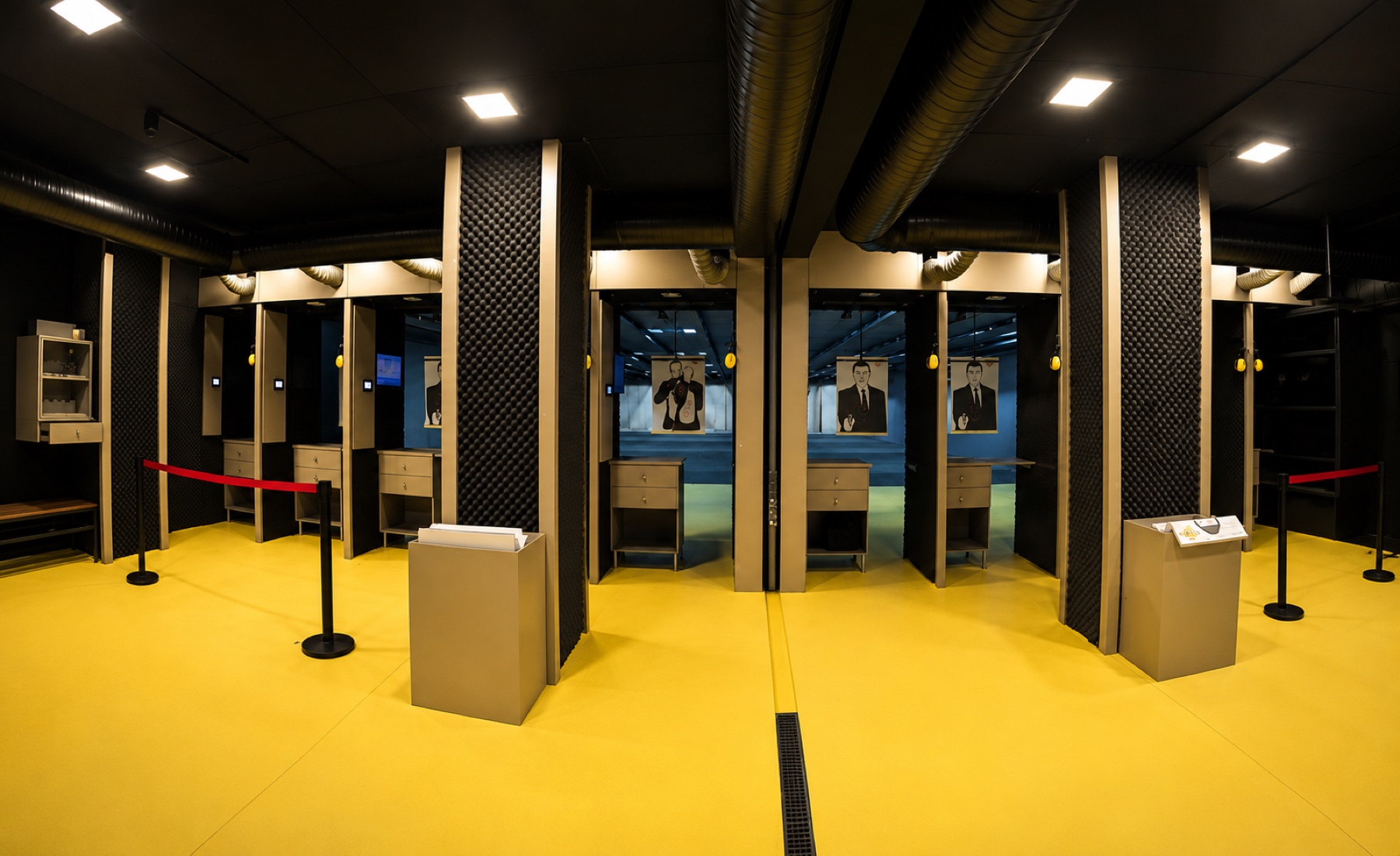 Completed indoor shooting range with multiple firing lanes